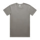 A plain olive green T-shirt with a round neckline and short sleeves, displaying a label and a branding logo.
