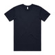 A navy basic t-shirt featuring a crew neck design and a tag in the neckline. The shirt has a plain appearance.