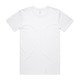 A plain white t-shirt with a round neckline and short sleeves, featuring a logo in the neckline.