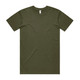 A plain olive green T-shirt with short sleeves, featuring a standard crew neck and a logo on the inside label.