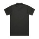 A black polo shirt featuring a collar and short sleeves, with a plain back and a logo.