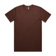 A brown classic tee shirt with a crew neckline and short sleeves, featuring a logo on the label.
