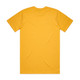A plain yellow T-shirt with short sleeves and a round neckline, featuring a logo on the back.
