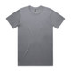 A plain grey t-shirt with a round neckline and short sleeves, featuring a logo at the neck.