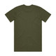A plain olive green T-shirt featuring a classic design with a round neck and short sleeves. It has a logo on the back.