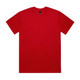 A red heavy tee with a round neckline and short sleeves. It features a logo on the label.