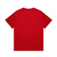 A red t-shirt with a plain back, featuring a logo on the upper area.