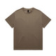 A brown heavy tee with a round neckline and short sleeves, featuring branding on the inside tag.