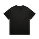 A black heavy tee shirt with a crew neck and short sleeves. The design includes a logo on the label.