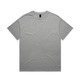 A plain grey t-shirt with short sleeves and a tag at the neckline. It features a simple design and has a logo.