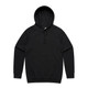 A black hoodie with a front pocket and a drawstring hood, featuring a logo on the front.