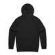 A black hoodie featuring a hood and long sleeves, with a smooth back design and a logo present.
