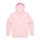 A pink hoodie with a front pocket and a hood, featuring a logo on the chest area.