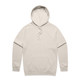 A beige hoodie with a front pocket and a drawstring hood, featuring a small logo.