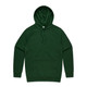 A green hoodie featuring a kangaroo pocket and an adjustable hood. The garment has a branding logo.