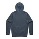 A grey hoodie featuring a hood and long sleeves, with a simple design and branding on the back.