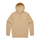 A beige hoodie featuring a front pocket and a drawstring hood. It has a branded logo on it.