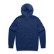 A navy blue hoodie with a hood and long sleeves, featuring a plain back and ribbed cuffs.