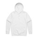 A white hoodie with a front pouch pocket and a drawstring hood. It features a logo on the front.