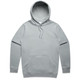 A grey hoodie with a front pocket and a large hood, featuring a logo on the label.