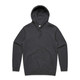 A grey hoodie featuring a front pocket and a drawstring hood, with a branded logo.