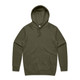 An olive green hoodie with a front pocket and a drawstring hood, featuring a logo.
