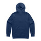 A navy blue hoodie featuring a back view and a hood. It has a simple, unembellished design and includes a branding logo.
