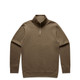 A khaki sweater featuring a half zip design, with long sleeves and a ribbed neckline. It has a logo.