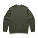 A green sweater with a crew neck and long sleeves, featuring a logo on the neckline.