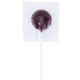 A purple lollipop wrapped in clear plastic with a white stick and a branding logo.