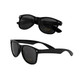 Two pairs of black sunglasses, featuring a classic design, resting against a white background.