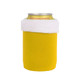 A drink bottle holder in bright yellow with a white trim at the top, designed to fit a standard can.