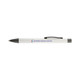 A white pen with a black tip and clip, featuring a logo on its side.