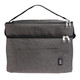 A grey cooler bag with dual zippered compartments and a front pocket, featuring a logo.