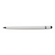 A sleek white aluminium inkless pen with a black writing tip, featuring a simple design and a branding logo.