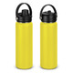 A drink bottle with a sleek yellow body and a black lid, featuring a carry handle and a logo.