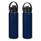 A drink bottle in navy blue with a black cap and handle, featuring a logo on the side.