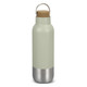 A drink bottle in pale green with a stainless steel base and a cork stopper, featuring a metal loop for carrying.