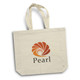 A cream tote bag featuring a logo with a stylised shell design and the word "Pearl" underneath. A cream tote bag featuring a logo with a stylised shell design and the word "Pearl" underneath.