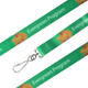 A green sublimation lanyard with an attached metal hook; features a repeating design and branding.
