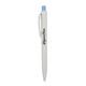 A white plastic pen with a light blue cap and clip, featuring a logo on the side. A white plastic pen with a light blue cap and clip, featuring a logo on the side.