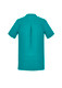 A turquoise women's tunic with short sleeves and a back pleat, featuring a logo.