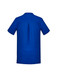 A blue women's tunic featuring short sleeves and a back pleat, with a logo on the label.