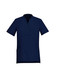 A navy blue women's tunic featuring a henley-style collar, short sleeves, and side pockets.
