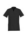 A plain black women's tunic featuring a collared neckline, short sleeves, and side pockets. It has a logo present.
