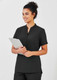 A black women's tunic with a short collar and pockets, featuring a model holding a clipboard.