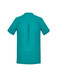 A teal women's tunic featuring short sleeves and a pleat detail at the back. It includes a logo on the design.
