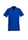 A blue women's tunic featuring short sleeves, a collarless design, and front buttons, with side pockets and a logo.