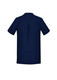 A navy blue women's tunic with a back pleat and short sleeves. Features a branding logo.