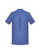A blue women's tunic with short sleeves and a back pleat, featuring a branding logo.